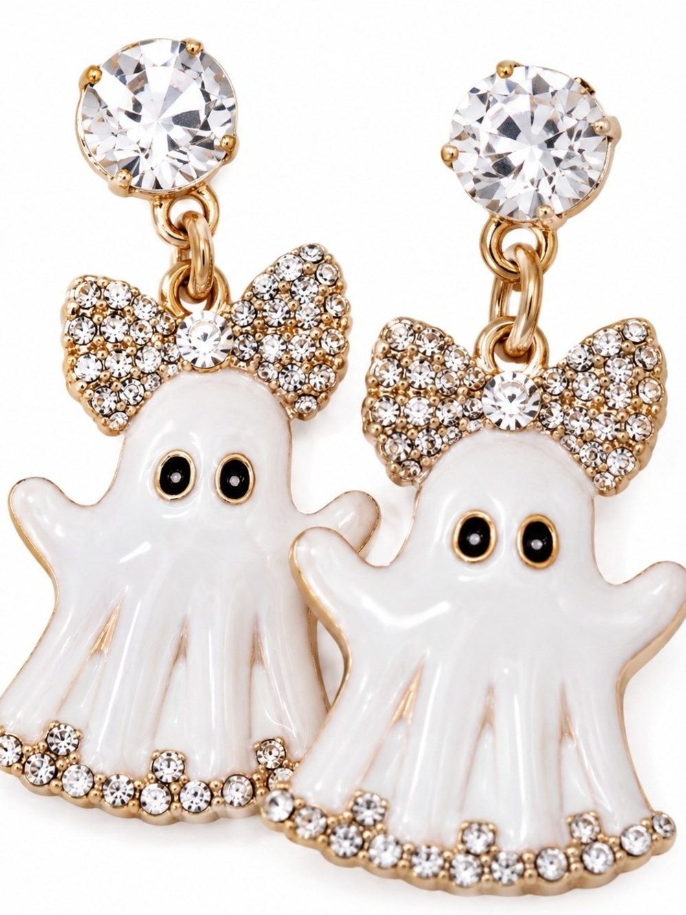 White Ghost Bow Drop Earrings - Gold Tone